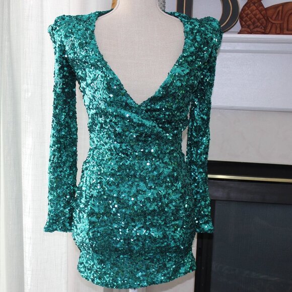 French Connection Teal Green Sequin Long Sleeve Dress - Picture 3 of 6